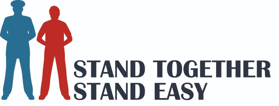 Logo of Stand Together Stand Easy, two people in uniform in the stand easy position